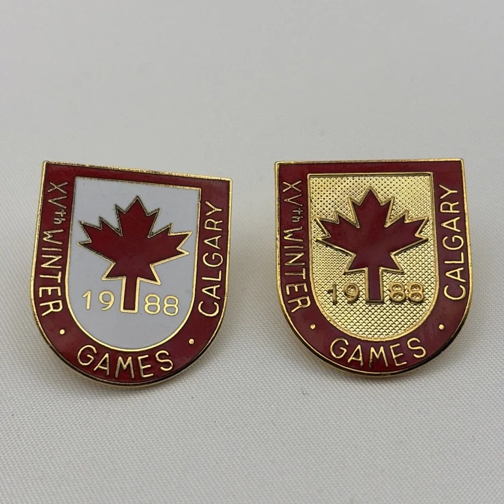 Set Of 2 Vintage 1988 Calgary XV Winter‎ Olympic Games Pins Maple Leaf Shield